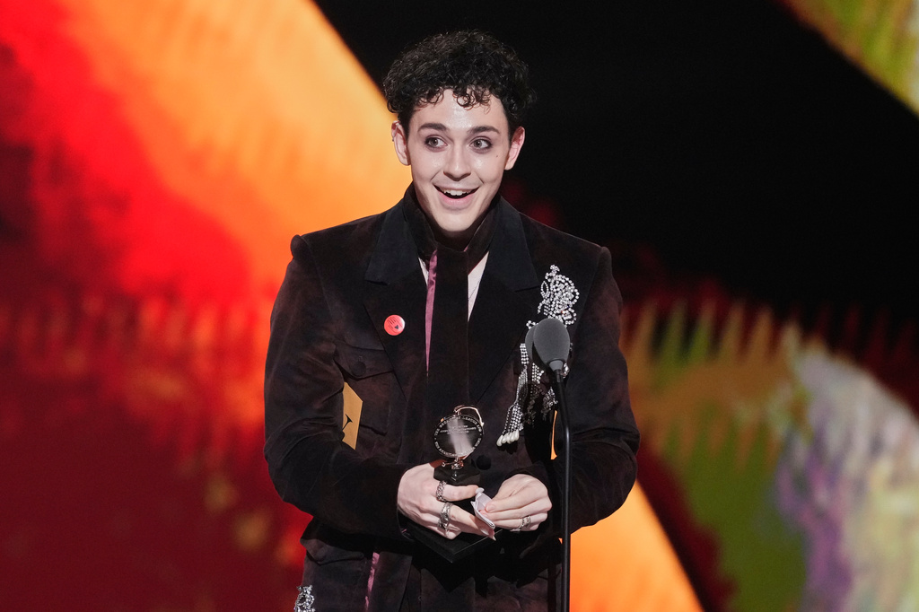 Ali Louis Bourzgui accepts the award for best performance by an actor in a featured role in a musical for "The Lost Boys" during the 79th Tony Awards on Sunday, June 7, 2026, at Radio City Music Hall in New York. (Photo by Charles Sykes/Invision/AP)
