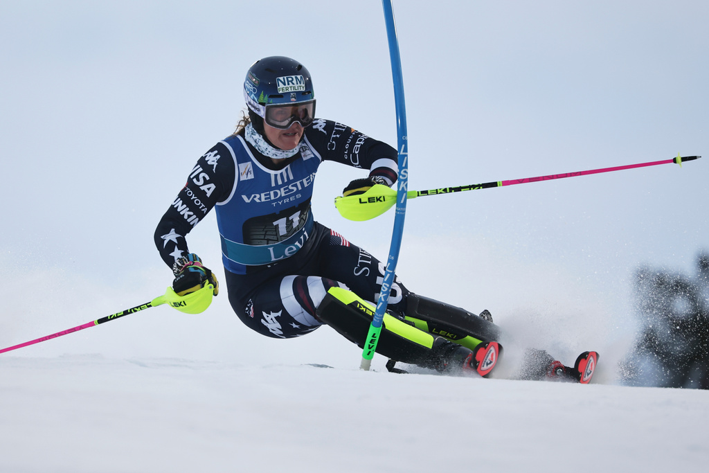 United States' Paula Moltzan competes in an alpine ski, women's World Cup slalom, in Levi, Finland, Saturday, Nov. 15, 2025. (AP Photo/Marco Trovati)