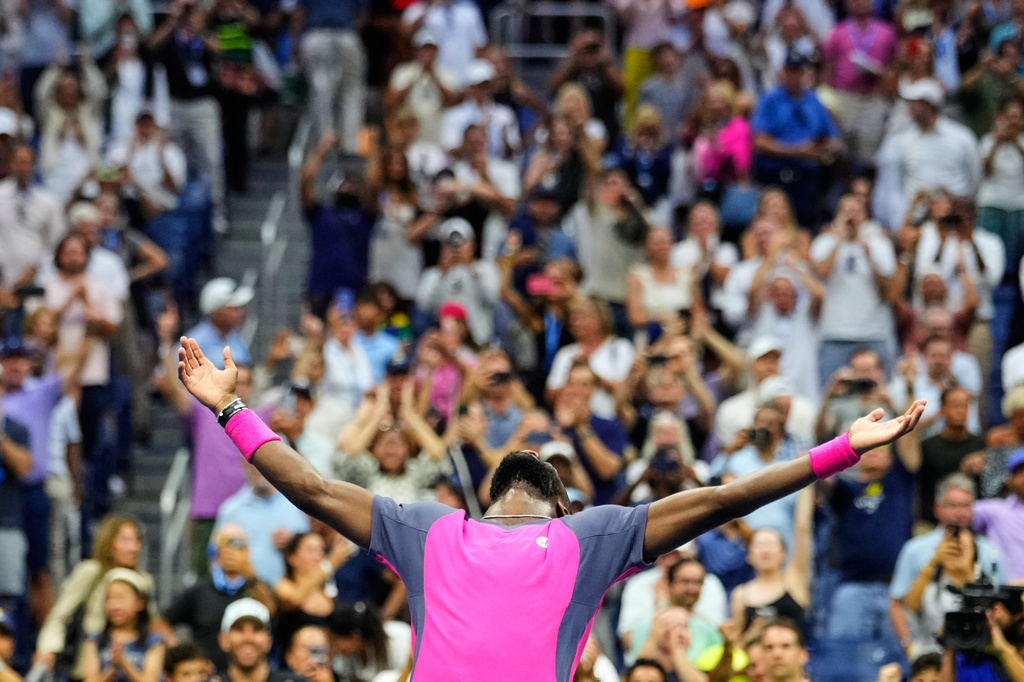 Frances Tiafoe, of the United States, celebrates winning a match against Alex Michelsen, of the United States, during the quarterfinal round of the U.S. Open tennis championships, Tuesday, Sept. 8, 2026, in New York. (AP Photo/Yuki Iwamura)