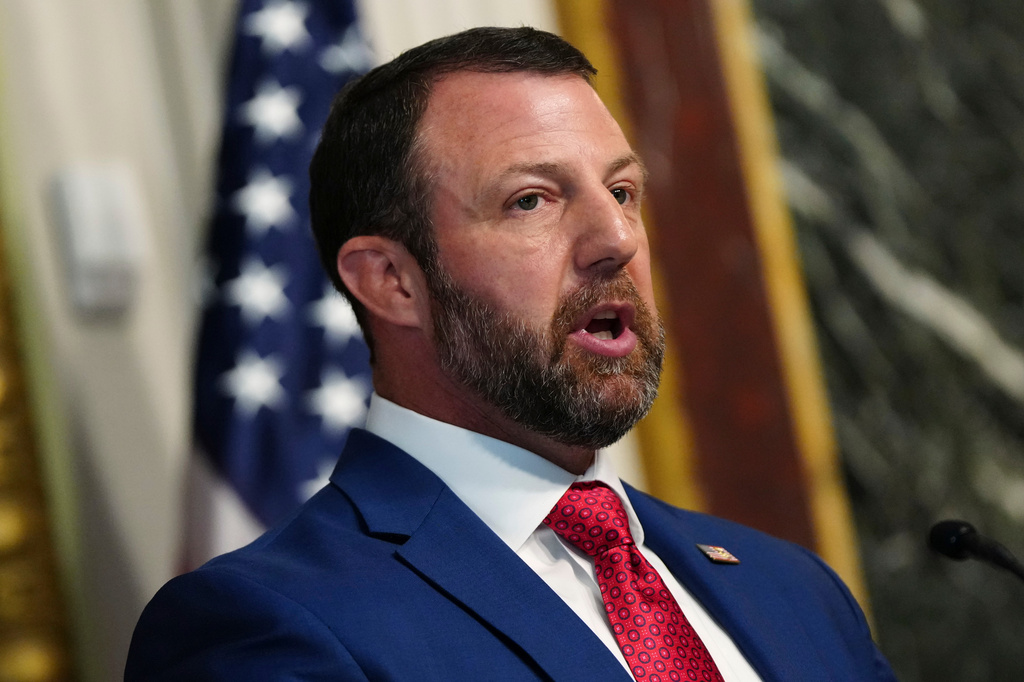 Homeland Security Secretary Markwayne Mullin speaks in the Indian Treaty Room at the Eisenhower Executive Office Building on the White House campus, Friday, July 17, 2026, in Washington. (AP Photo/Julia Demaree Nikhinson)