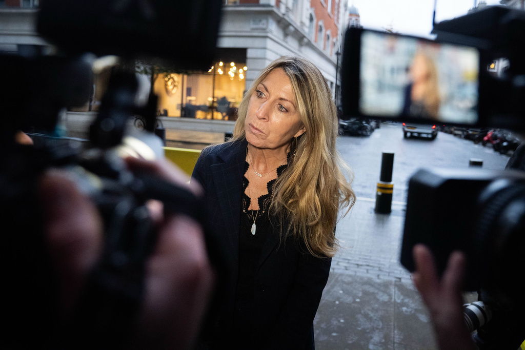 Outgoing chief executive of BBC News, Deborah Turness, speaks to the media outside BBC Broadcasting House in London, Monday Nov. 10, 2025. (James Manning/PA via AP)