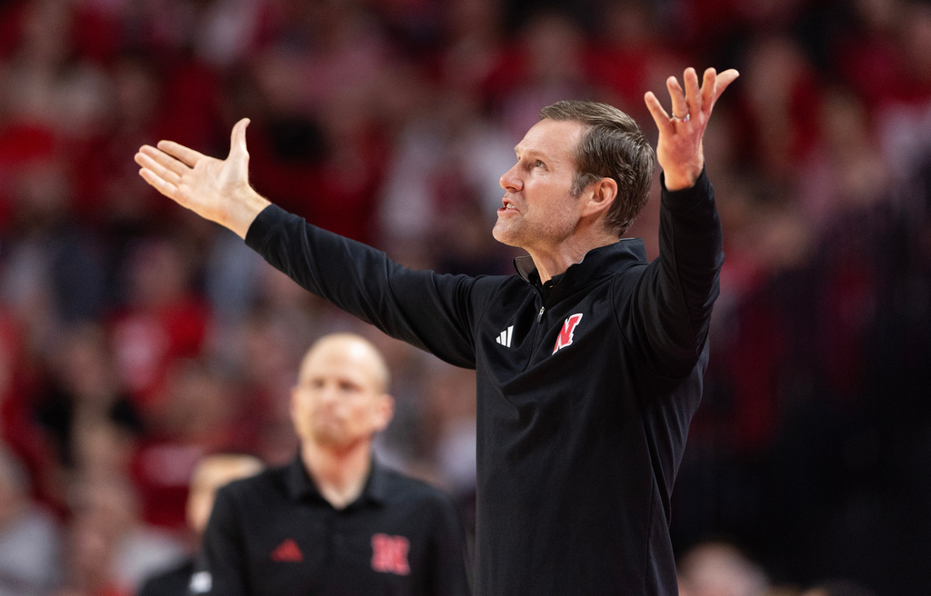 Nebraska head coach Fred Hoiberg disputes a referee's call as his team plays against Northwestern in the second half of an NCAA college basketball game Saturday, Feb. 14, 2026, in Lincoln, Neb. (AP Photo/Rebecca S. Gratz)