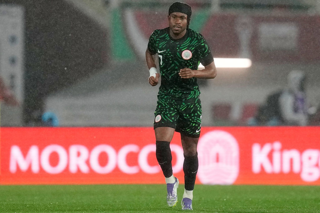 Nigeria's Ademola Lookman celebrates after scoring the opening goal during the Africa Cup of Nations round of 16 soccer match between Nigeria and Mozambique in Fez, Morocco, Monday, Jan. 5, 2026. (AP Photo/Themba Hadebe)