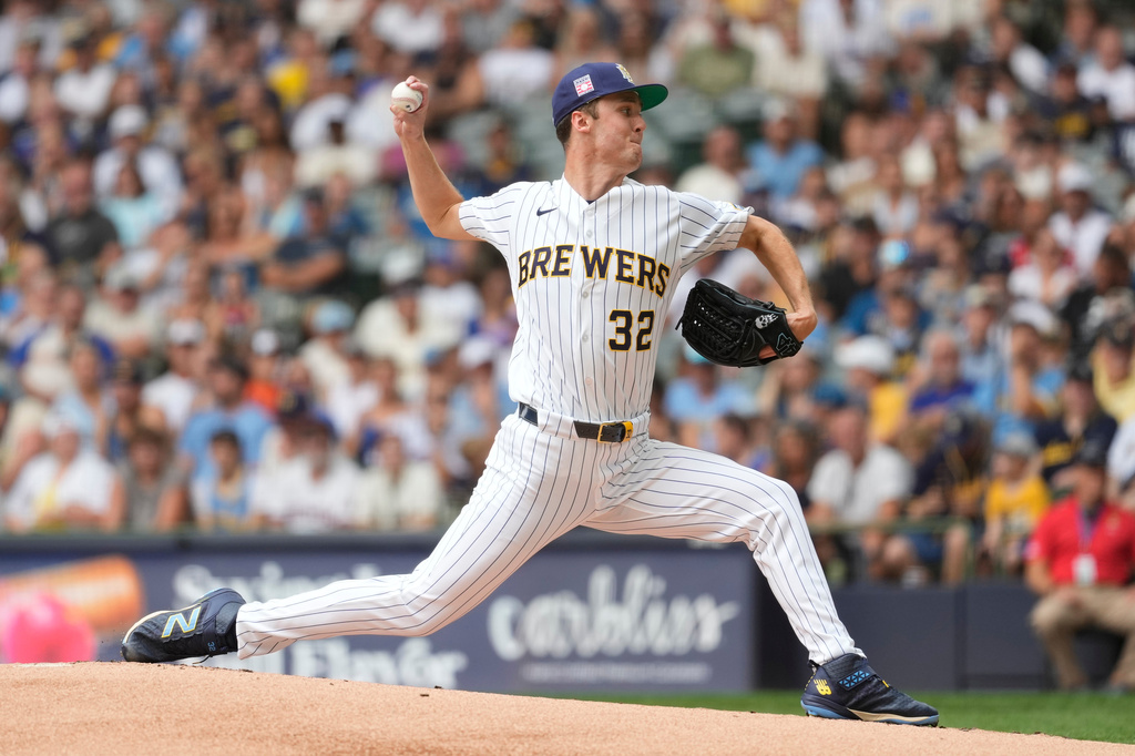 Milwaukee Brewers' Jacob Misiorowski pitches during the first inning of a baseball game against the Colorado Rockies, Sunday, July 26, 2026, in Milwaukee. (AP Photo/Aaron Gash)