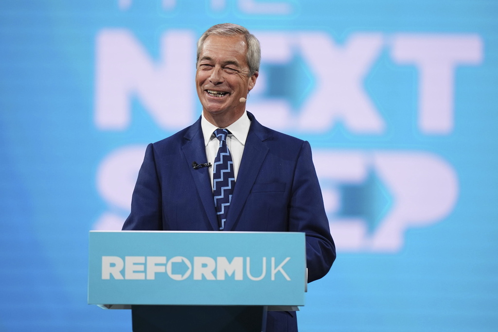 British Reform UK party leader Nigel Farage speaks during the party's annual conference at the National Exhibition Centre in Birmingham, England, Friday Sept. 5, 2025. (Jacob King/PA Wire/PA via AP)