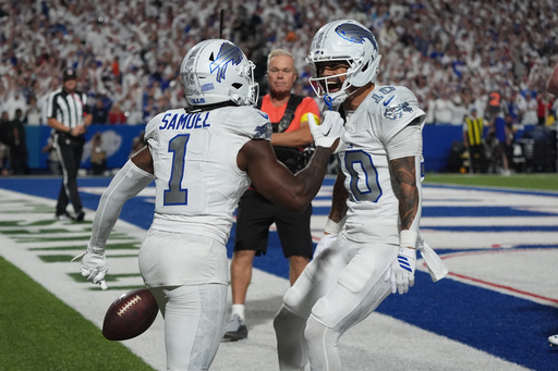 Buffalo Bills wide receiver Curtis Samuel (1) celebrates his touchdown catch with teammates Khalil Shakir (10) during the second half of an NFL football game against the New England Patriots, Sunday, Sept. 5, 2025, in Orchard Park, N.Y. (AP Photo/Gene J. Puskar) Buffalo Bills wide receiver Curtis Samuel (1) celebrates his touchdown catch with teammates Khalil Shakir (10) during the second half of an NFL football game against the New England Patriots, Sunday, Sept. 5, 2025, in Orchard Park, N.Y. (AP Photo/Gene J. Puskar)