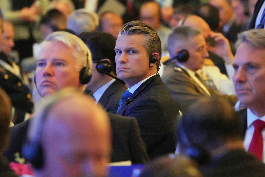 U.S. Secretary of Defense Pete Hegseth, center, attends the Shangri-La Dialogue, Asia's annual defense and security forum, in Singapore, Friday, May 29, 2026. (AP Photo/Achmad Ibrahim)
