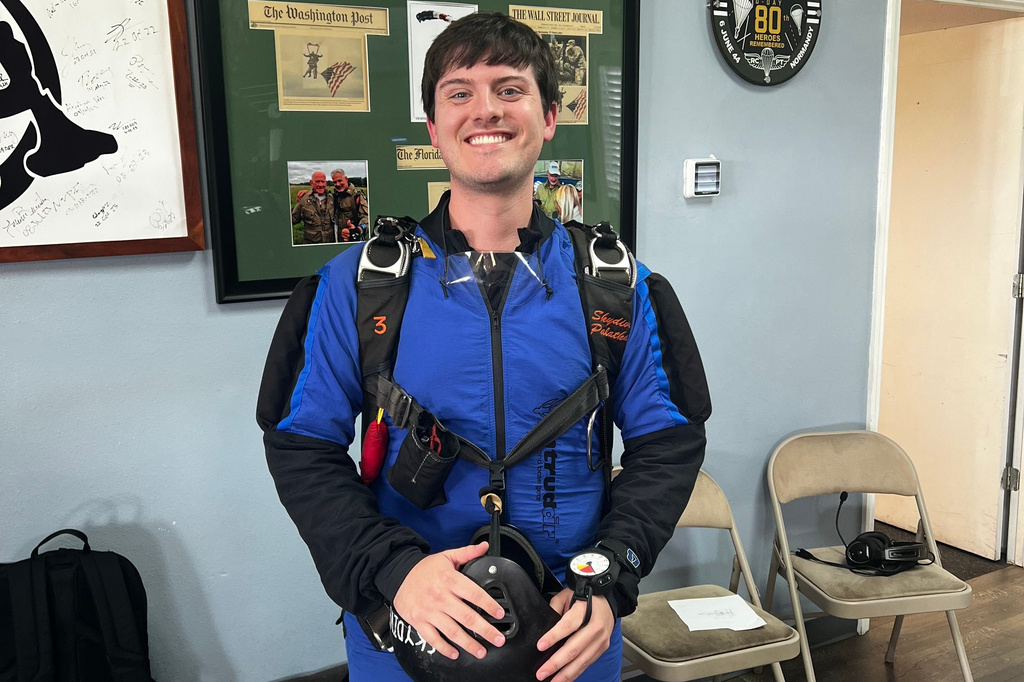 This Aug. 2024 photo provided by Richard Thacker shows Blake Thacker during a skydiving outing in Florida. (Richard Thacker via AP)