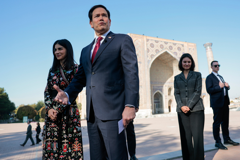 US Secretary of State Marco Rubio speaks to the press next to Uzbekistan's Head of the Presidential Administration Saida Mirziyoyeva at Registan Square in Samarkand, Uzbekistan, Monday, Oct. 19, 2026. (Kylie Cooper/Pool Photo via AP)