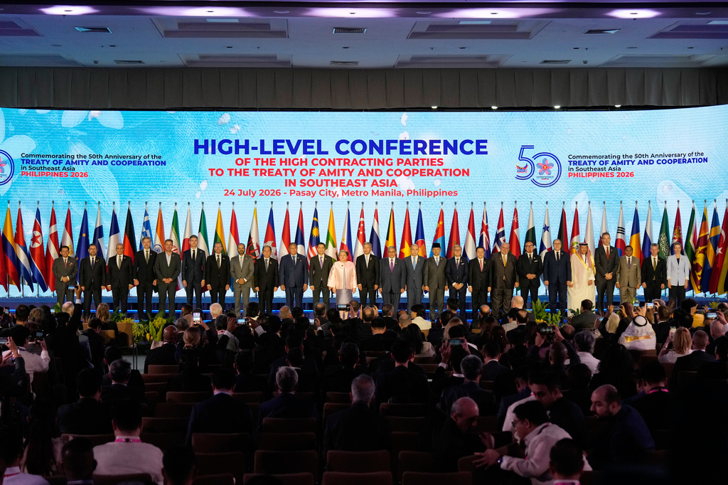 Philippines Foreign Secretary Theresa Lazaro, twelfth from left, poses with other leaders during the High-Level Conference of the High Contracting Parties to the Treaty of Amity and Cooperation (TAC) on the sidelines of the Association of Southeast Asian Nations (ASEAN) Foreign Ministers' Meeting in Pasay, Metro Manila, Philippines Friday, July 24, 2026. (AP Photo/Aaron Favila, Pool)