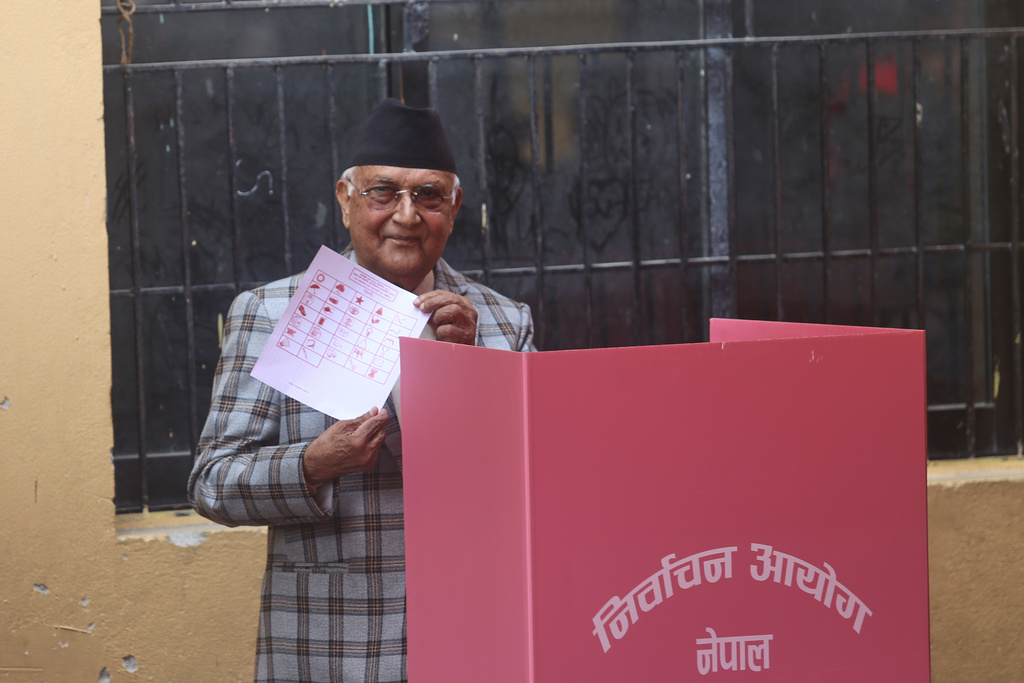 Khadga Prassad Oli, President of Communist Party of Nepal (Unified Marxist–Leninist) casts his vote at a polling station for the parliamentary election in Kathmandu, Nepal, Thursday, March 5, 2026. (AP Photo/Amul Thapa)
