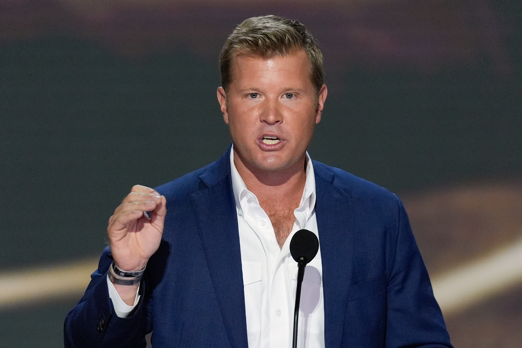 FILE - Tim Sheehy speaks during the Republican National Convention, July 16, 2024, in Milwaukee. (AP Photo/J. Scott Applewhite, File)
