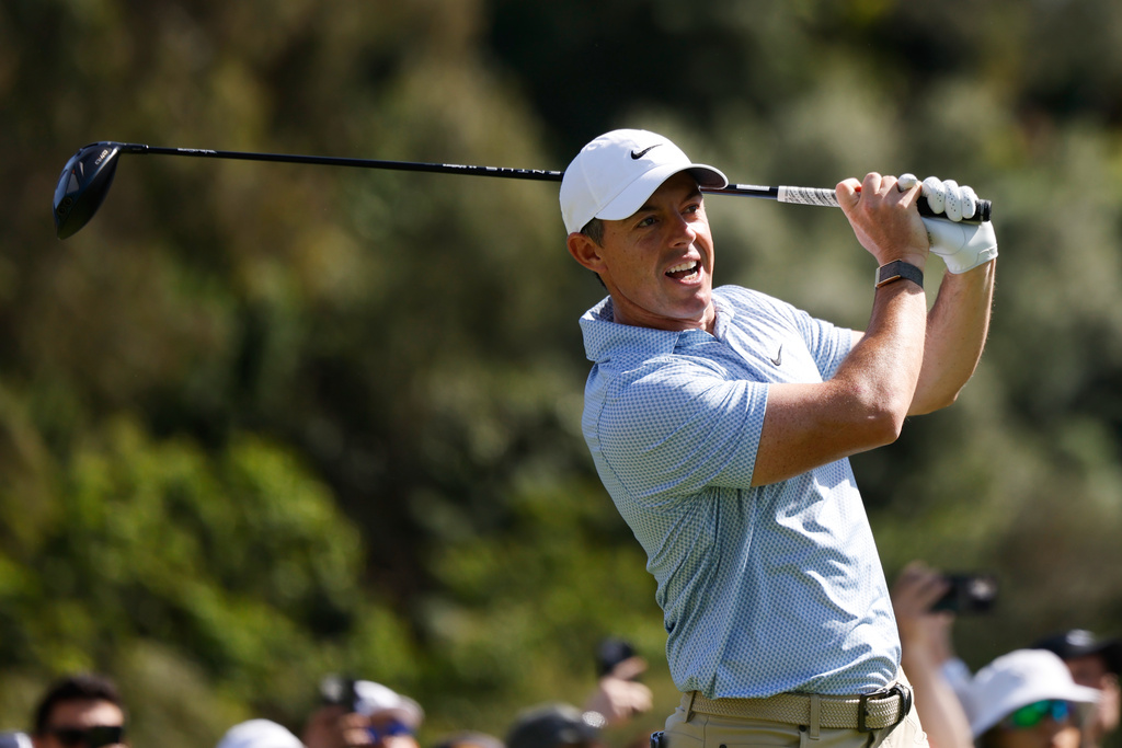 Rory McIlroy, from Northern Ireland, hits from the second tee during the final round of the Genesis Invitational golf tournament at Riviera Country Club, Sunday, Feb. 22, 2026, in the Pacific Palisades area of Los Angeles. (AP Photo/Caroline Brehman )