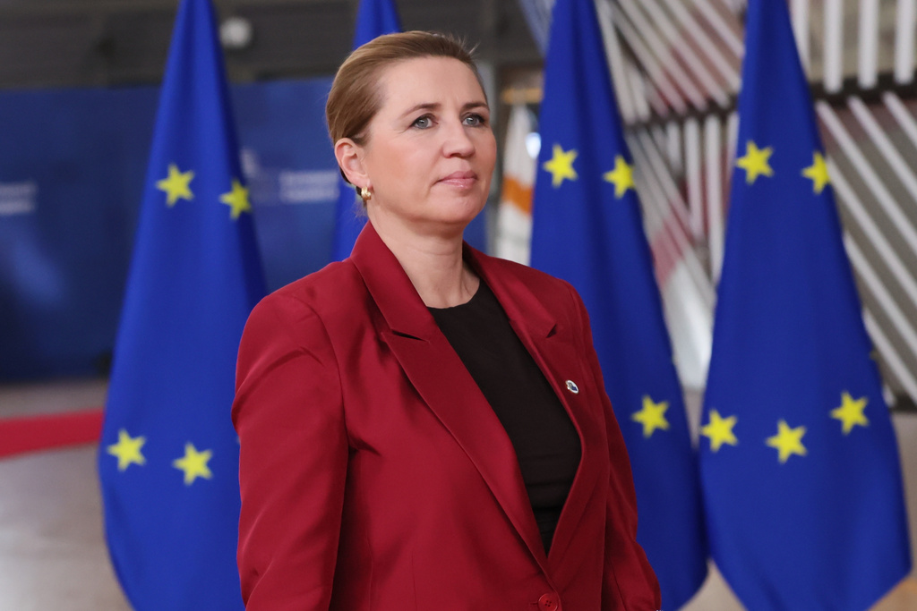 Denmark's Prime Minister Mette Frederiksen arrives for an EU Summit at the European Council building in Brussels, Thursday, Oct. 23, 2025. (AP Photo/Francois Walschaerts)