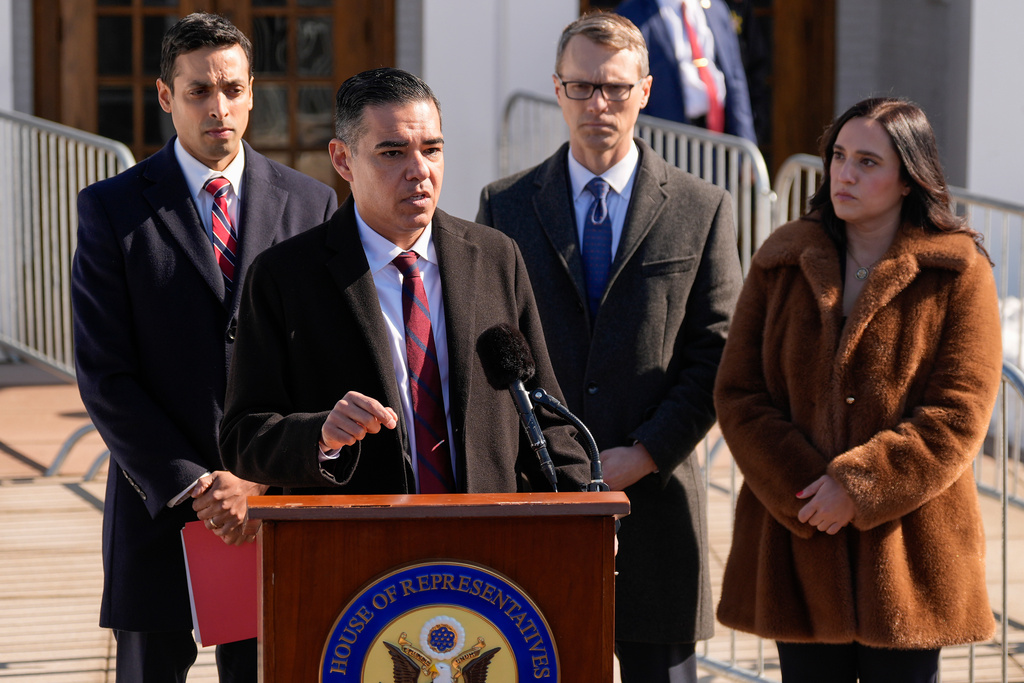 Rep. Robert Garcia, D-Calif. Speaks outside the Chappaqua Performing Arts Center before the arrival of former Secretary of State Hillary Clinton who is testifying before U.S. House lawmakers as part of a congressional investigation into convicted sex offender Jeffrey Epstein, Thursday, Feb. 26, 2026, in Chappaqua, N.Y. (AP Photo/Yuki Iwamura)