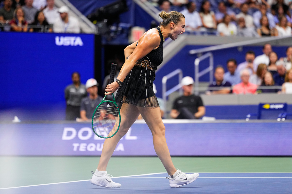 Aryna Sabalenka, of Belarus, reacts during a match against Jessica Pegula, of the United States, during the women's singles semifinals of the U.S. Open tennis championships, Thursday, Sept. 10, 2026, in New York. (AP Photo/Yuki Iwamura)