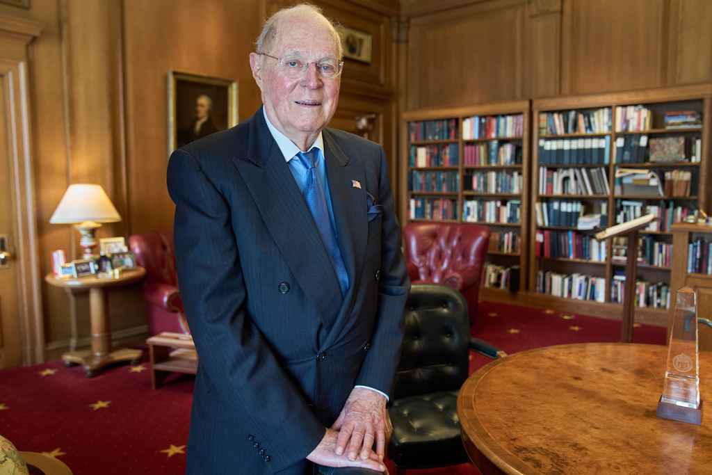 Retired Supreme Court Justice Anthony Kennedy, 88, poses for a portrait, Wednesday, Oct. 8, 2025, in his office at the Supreme Court in Washington. (AP Photo/Jacquelyn Martin)