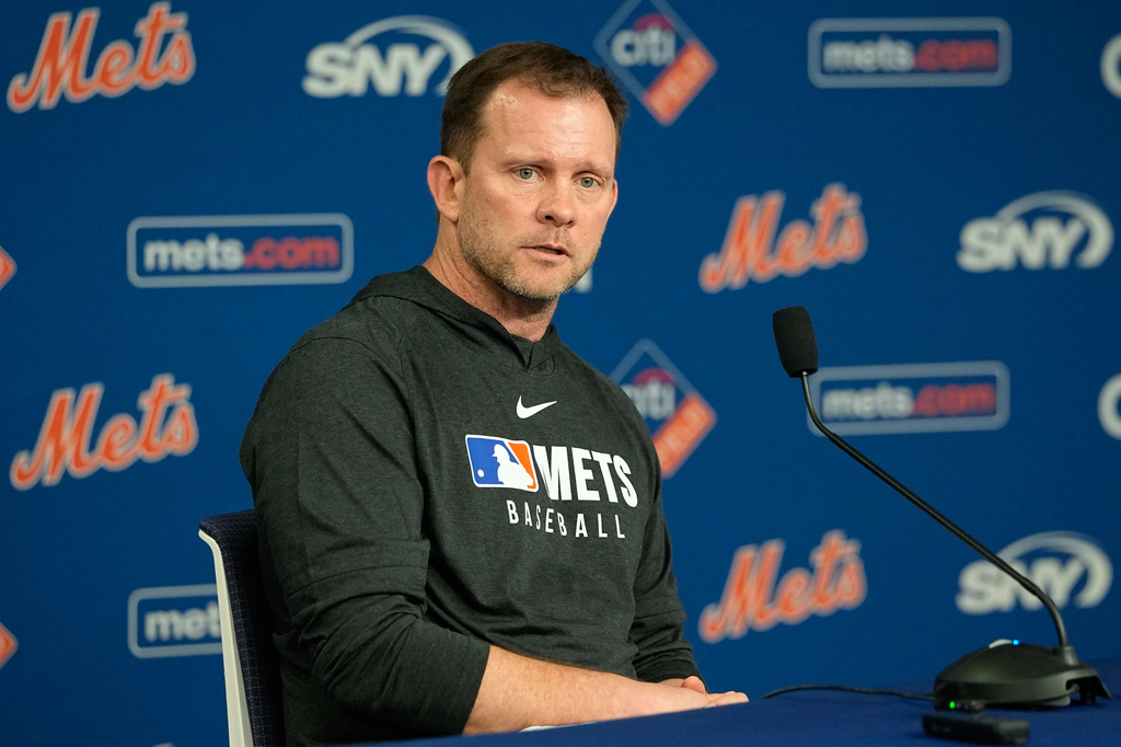 New York Mets interim manager Andy Green speaks during a news conference before a baseball game against the Philadelphia Phillies Friday, June 26, 2026, in New York. (AP Photo/Frank Franklin II)