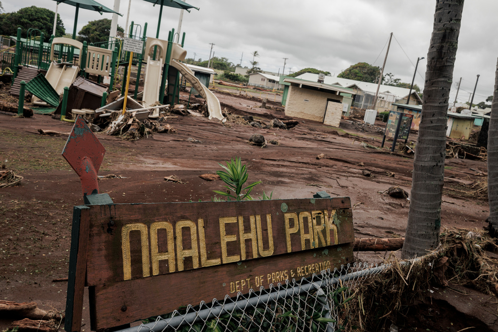 Debris is strewn across Naalehu Park after Hurricane Lala in Naalehu, Hawaii, Monday, Aug. 17, 2026. (Stephen Lam/San Francisco Chronicle via AP)