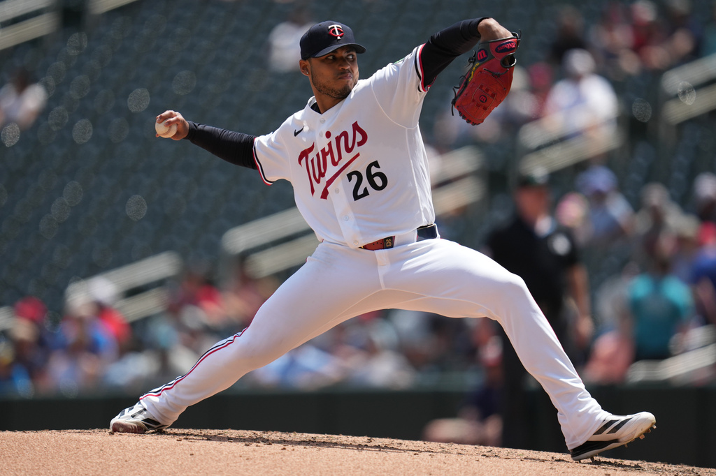 Minnesota Twins starting pitcher Taj Bradley (26) delivers during the sixth inning of a baseball game against the Chicago White Sox, Wednesday, June 3, 2026, in Minneapolis. (AP Photo/Abbie Parr)