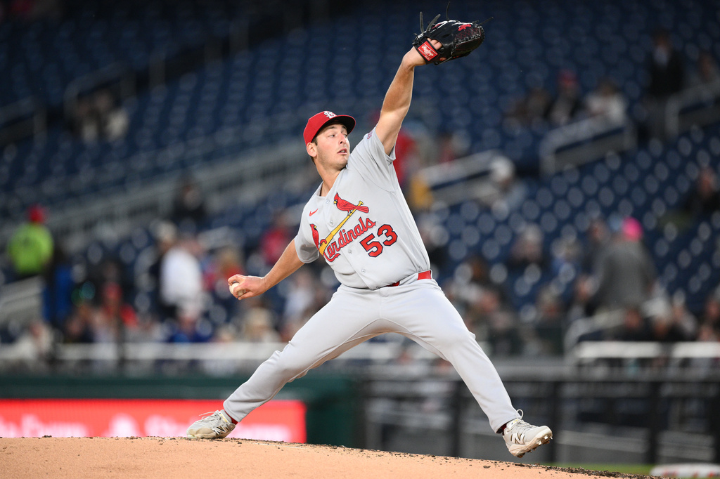 St. Louis Cardinals starting pitcher Andre Pallante throws during the third inning of a baseball game against the Washington Nationals, Monday, April 6, 2026, in Washington. (AP Photo/Nick Wass)