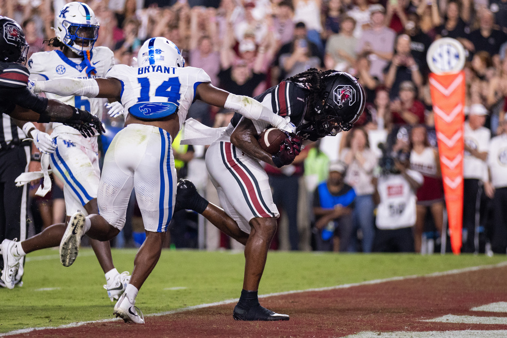 South Carolina running back Rahsul Faison (1) runs in for a touchdown against Kentucky during the first half of an NCAA college football game Saturday, Sept. 27, 2025, in Columbia, S.C. (AP Photo/Scott Kinser)