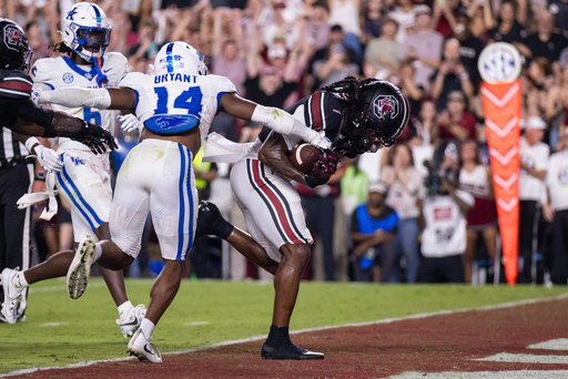 South Carolina running back Rahsul Faison (1) runs in for a touchdown against Kentucky during the first half of an NCAA college football game Saturday, Sept. 27, 2025, in Columbia, S.C. (AP Photo/Scott Kinser) South Carolina running back Rahsul Faison (1) runs in for a touchdown against Kentucky during the first half of an NCAA college football game Saturday, Sept. 27, 2025, in Columbia, S.C. (AP Photo/Scott Kinser)