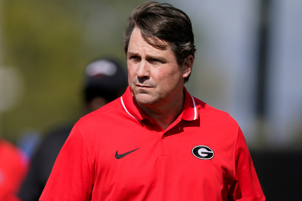 FILE - Georgia co-defensive coordinator Will Muschamp watches the field in the first half of an NCAA college football game against Vanderbilt, Oct. 14, 2023, in Nashville, Tenn. (AP Photo/George Walker IV, File)