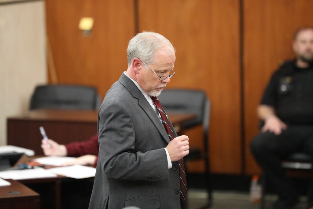 South Carolina Senior Assistant Deputy Attorney General Creighton Waters presents the state's case against Russell Laffitte as he pleads guilty in state court to bank fraud charges for his role in helping Alex Murdaugh steal money, Thursday, Sept. 25, 2025, in Columbia, S.C. (AP Photo/Jeffrey Collins)