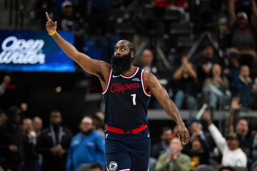Los Angeles Clippers guard James Harden (1) gestures after scoring a basket during the first half of an NBA basketball game against the Phoenix Suns, Friday, Oct. 24, 2025, in Inglewood, Calif. (AP Photo/Kyusung Gong) Los Angeles Clippers guard James Harden (1) gestures after scoring a basket during the first half of an NBA basketball game against the Phoenix Suns, Friday, Oct. 24, 2025, in Inglewood, Calif. (AP Photo/Kyusung Gong)