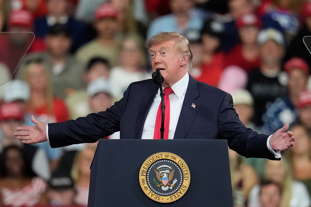 President Donald Trump speaks at a campaign rally at Guardian Centers of Georgia, Saturday, Oct. 24, 2026, in Perry, Ga. (A5P Photo/Mike Stewart)