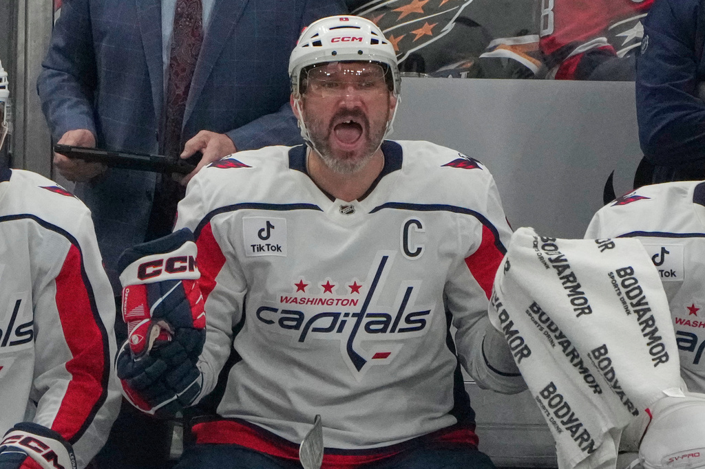 Washington Capitals left wing Alex Ovechkin (8) shouts from the bench in the second period of an NHL hockey game against the Columbus Blue Jackets Tuesday, April 14, 2026, in Columbus, Ohio. (AP Photo/Sue Ogrocki)