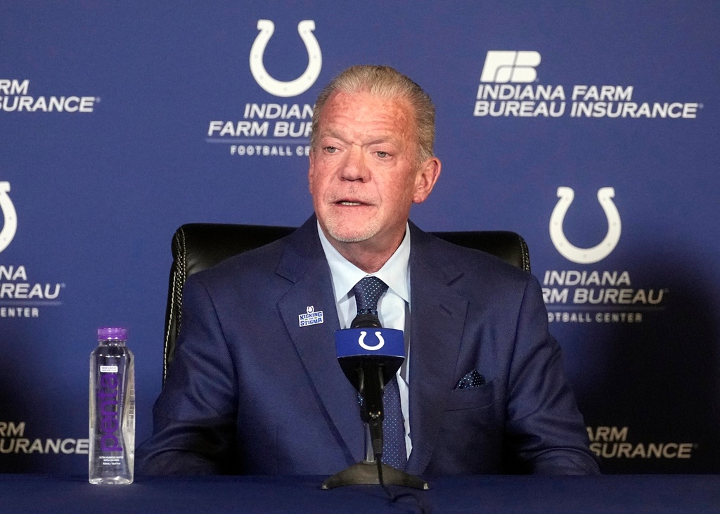 FILE -Indianapolis Colts owner Jim Irsay speaks during a news conference at the NFL football team's practice facility Nov. 7, 2022, in Indianapolis. (AP Photo/Darron Cummings, File)