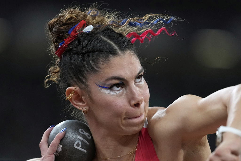 France's Auriana Lazraq-Khlass makes an attempt in the heptathlon shot put at the World Athletics Championships in Tokyo, Friday, Sept. 19, 2025. (AP Photo/Matthias Schrader)