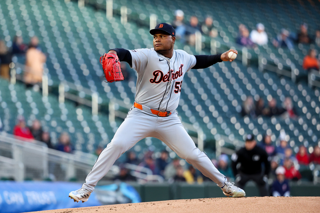 Detroit Tigers pitcher Framber Valdez throws to the Minnesota Twins during the first inning of a baseball game Wednesday, April 8, 2026, in Minneapolis. (AP Photo/Ellen Schmidt)