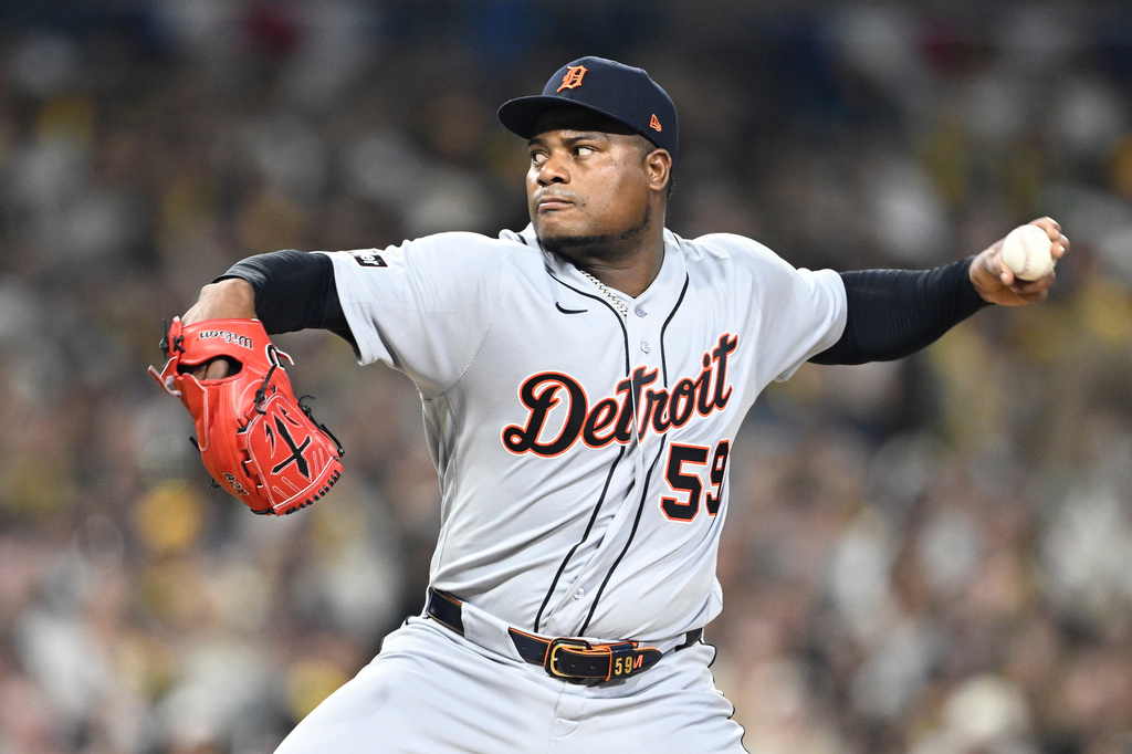 Detroit Tigers starting pitcher Framber Valdez (59) delivers during the first inning of a baseball game against the San Diego Padres Friday, March 27, 2026, in San Diego. (AP Photo/Denis Poroy)