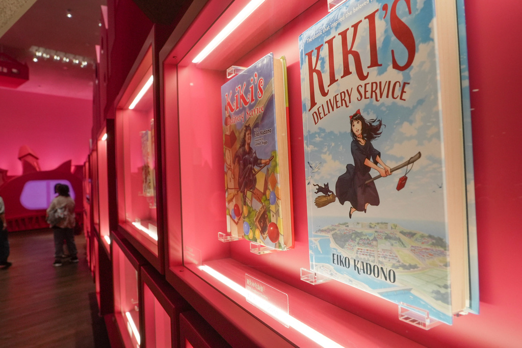 An English-language edition of the book "Kiki's Delivery Service" is displayed at the Kiki's Museum of Literature in Tokyo, on June 24, 2026 (AP Photo/Ayaka McGill)