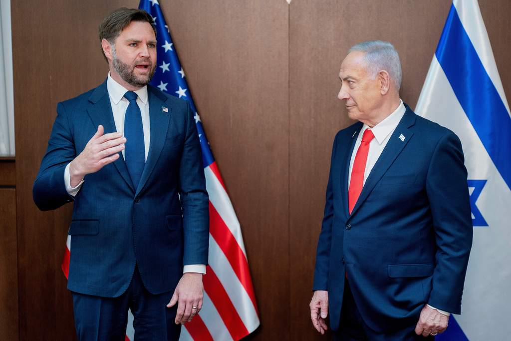 U.S. Vice President JD Vance, left, meets with Israeli Prime Minister Benjamin Netanyahu at the Prime Minister's Office in Jerusalem, on Wednesday, Oct. 22, 2025. (Nathan Howard/The New York Times via AP, Pool)