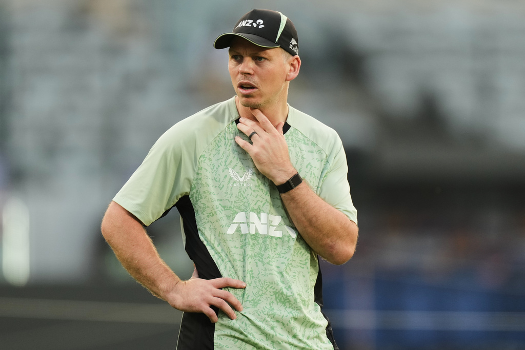 New Zealand's captan Michael Bracewell gestures during practice session ahead of first One Day International cricket match against India in Vadodara, India, Saturday, Jan. 10, 2026. (AP Photo/Ajit Solanki)