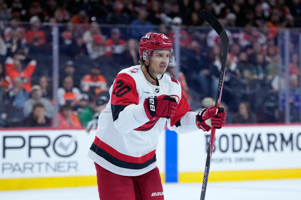 Carolina Hurricanes' Sebastian Aho celebrates after scoring during the third period of an NHL hockey game against the Philadelphia Flyers Saturday, Oct. 3, 2026, in Philadelphia. (AP Photo/Matt Slocum)