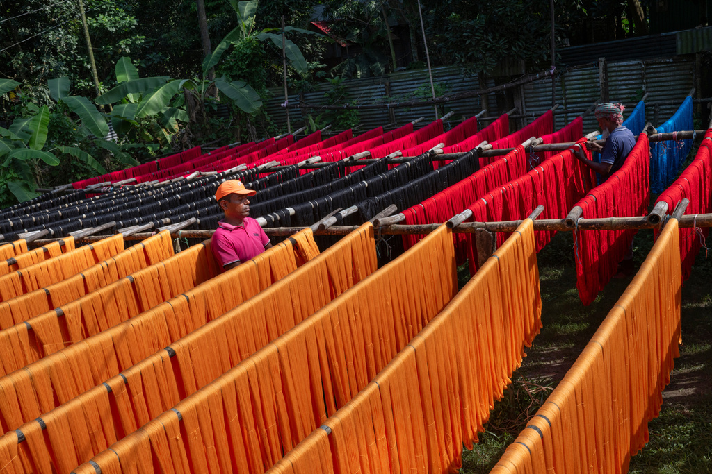 A worker arranges dyed threads used in the making of Tangail saris at a workshop in Tangail District, Bangladesh, Nov. 5, 2025. (AP Photo/Mahmud Hossain Opu)