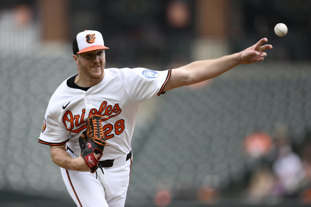 Baltimore Orioles starting pitcher Trevor Rogers throws during the first inning of a baseball game against the Houston Astros, Sunday, Aug. 24, 2025, in Baltimore. (AP Photo/Nick Wass)