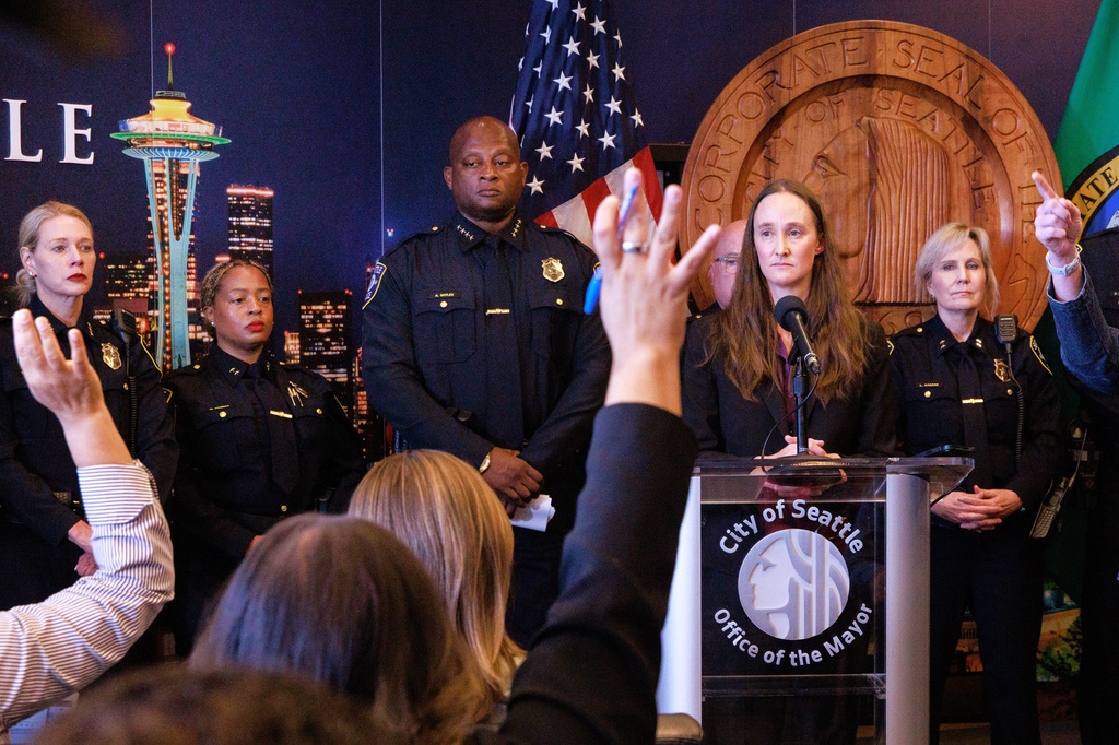 Mayor Katie Wilson speaks during a news conference about appointing Andre Sayles as interim Seattle police chief at Seattle City Hall on Friday, July 31, 2026. (Erika Schultz/The Seattle Times via AP)
