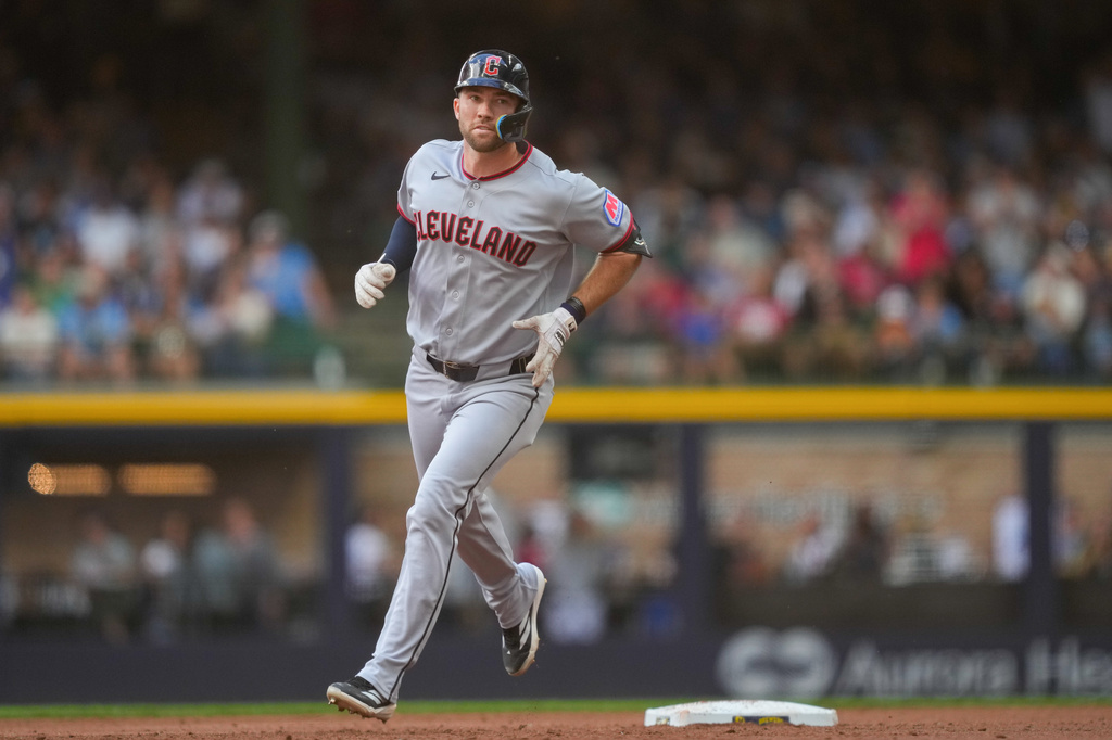 Cleveland Guardians' David Fry runs the bases after hitting a home run during the third inning of a baseball game against the Milwaukee Brewers, Thursday, June 18, 2026, in Milwaukee. (AP Photo/Kayla Wolf)