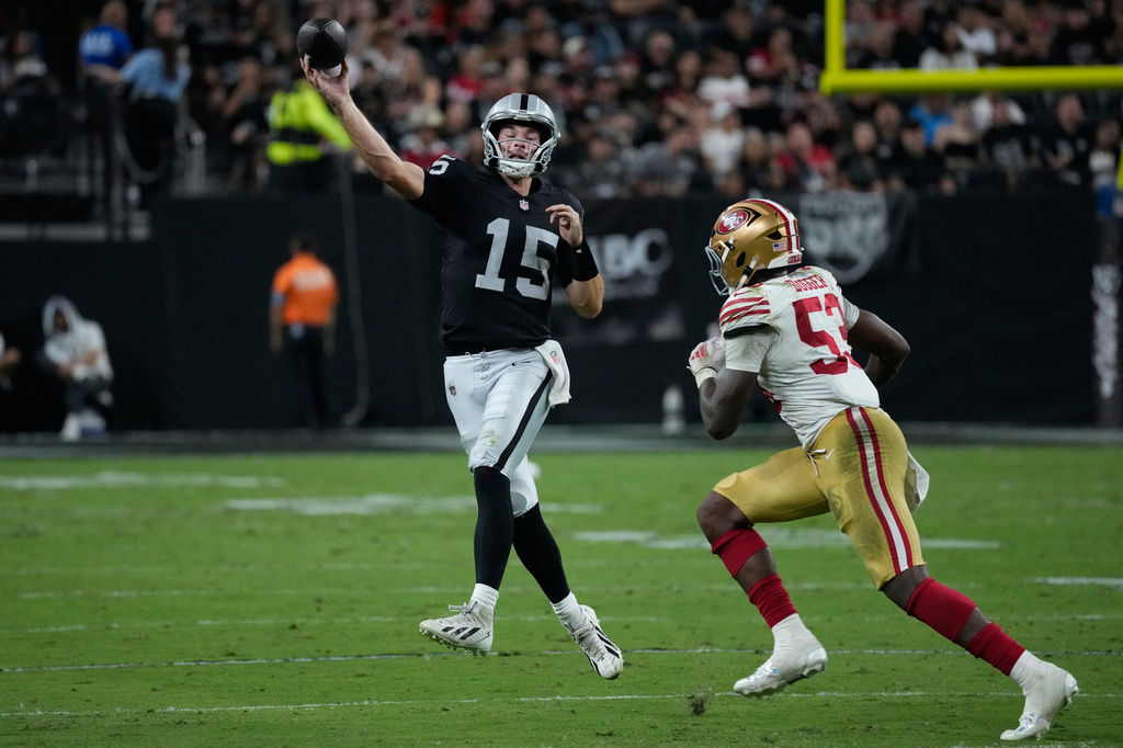 Las Vegas Raiders quarterback Fernando Mendoza (15) throws under pressure from San Francisco 49ers linebacker Jaden Dugger (53) during the second half of an NFL preseason football game, Thursday, Aug. 27, 2026, in Las Vegas. (AP Photo/John Locher)