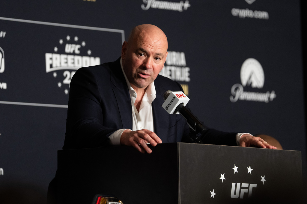 UFC President and CEO Dana White attends a press conference following the UFC Freedom 250 fight, Monday, June 15, 2026, in Washington. (AP Photo/Allison Robbert)