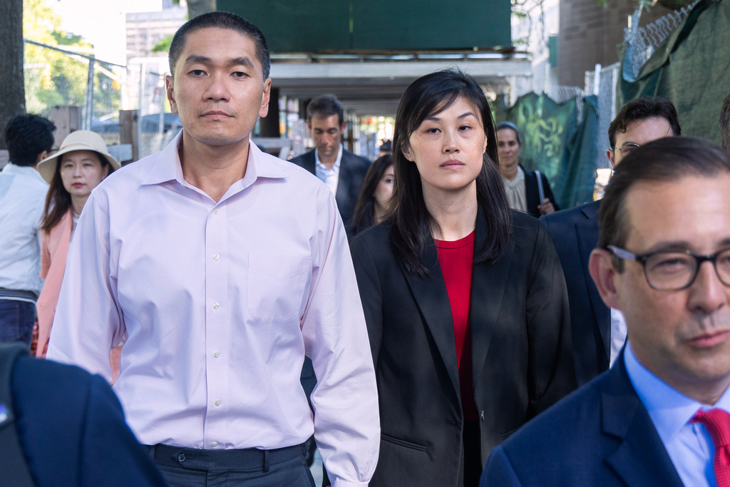 FILE - Former New York Governor Kathy Hochul aide Linda Sun and her husband, Christopher Hu, leave Brooklyn Federal Court after their arraignment on Sept. 3, 2024, in New York. (AP Photo/Corey Sipkin, File)