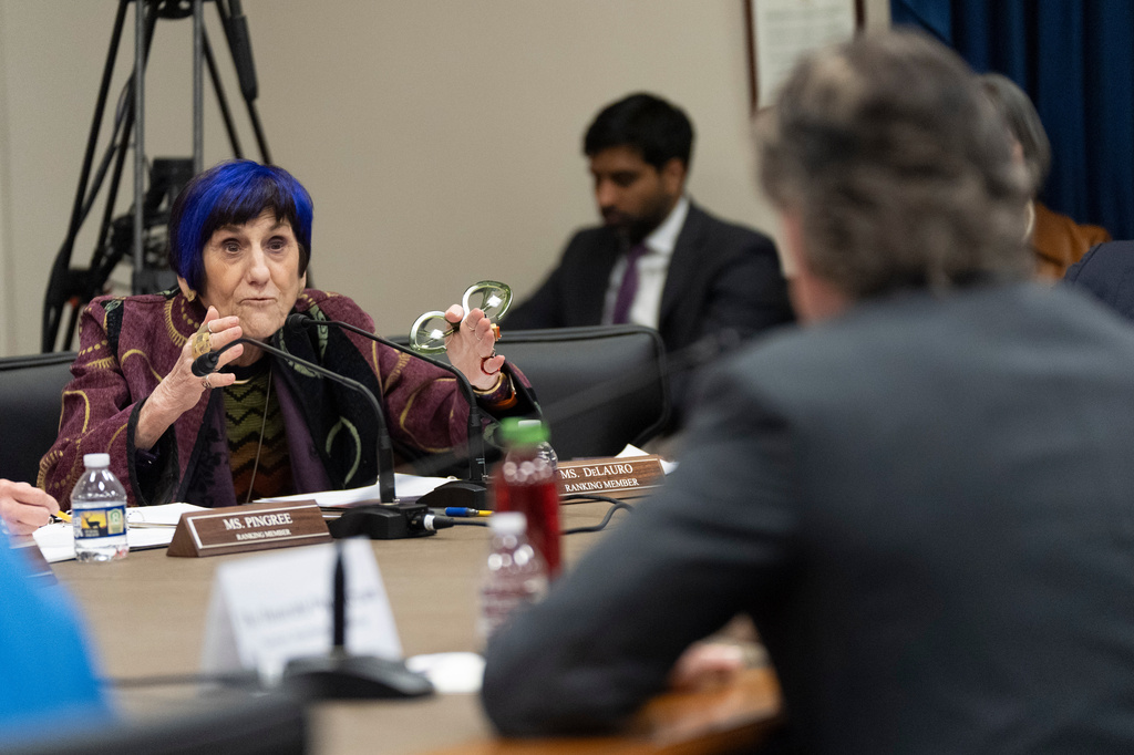 House Appropriations Committee ranking member Rosa DeLauro, D-Conn., left, questions Interior Secretary Doug Burgum, right, during the committee's budget hearing on Capitol Hill, Monday, April 20, 2026, in Washington. (AP Photo/Manuel Balce Ceneta)