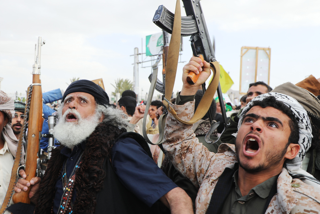 Houthi supporters chant slogans against Israel and the United States during a rally, in Sanaa, Yemen, Friday, Feb. 6, 2026. (AP Photo/Osamah Abdulrahman)