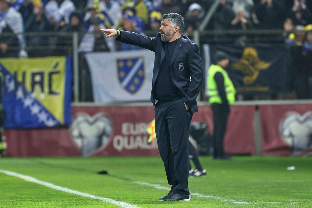Italy coach Gennaro Gattuso gestures from the touchline during the World Cup qualifying playoff final soccer match between Bosnia and Italy in Zenica, Bosnia, Tuesday, March 31, 2026. (AP Photo/Armin Durgut)